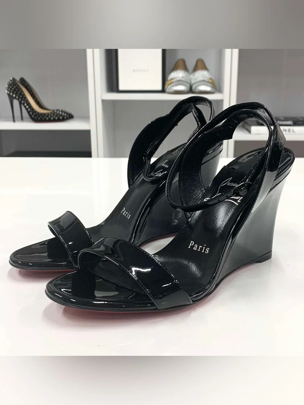 Christian Louboutin Black Patent Wedge Sandals with Red Soles